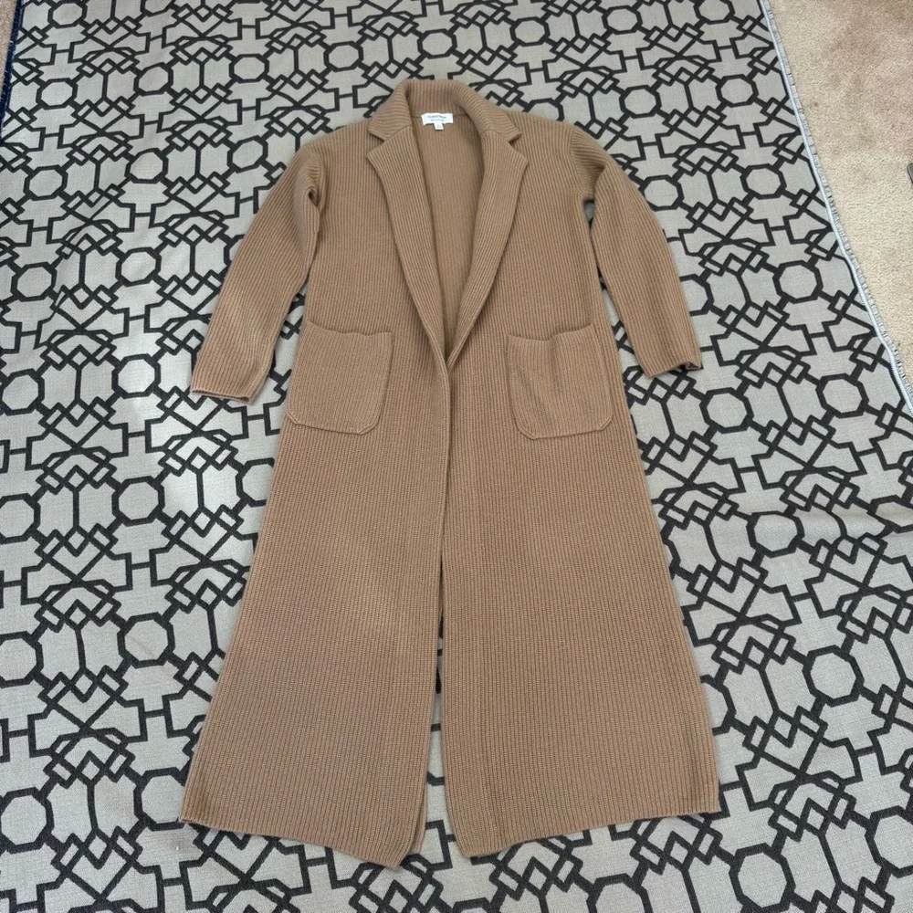 Nordstrom Cashmere Wool Long Ribbed Pockets Camel Tan Brown Cardigan Duster Sz S